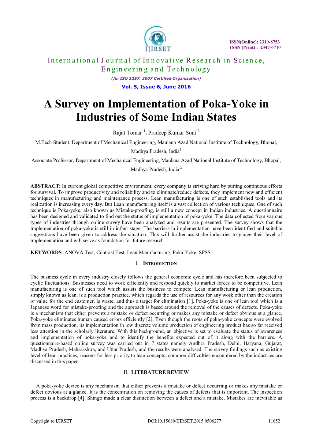 A Survey on Implementation of Poka-Yoke in Industries of Some Indian States