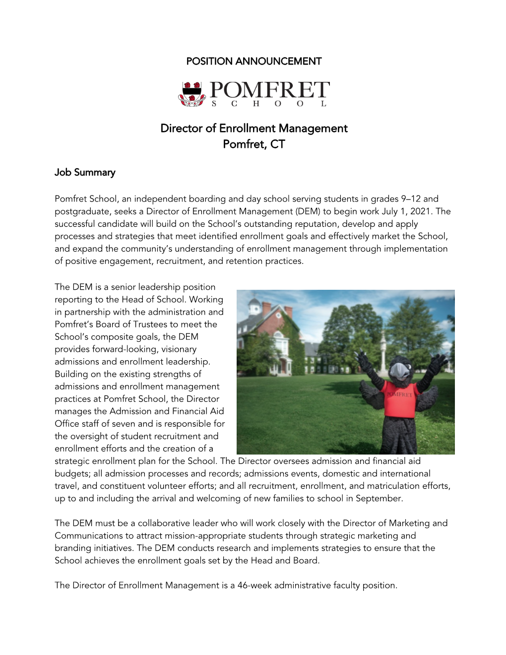 Director of Enrollment Management Pomfret, CT