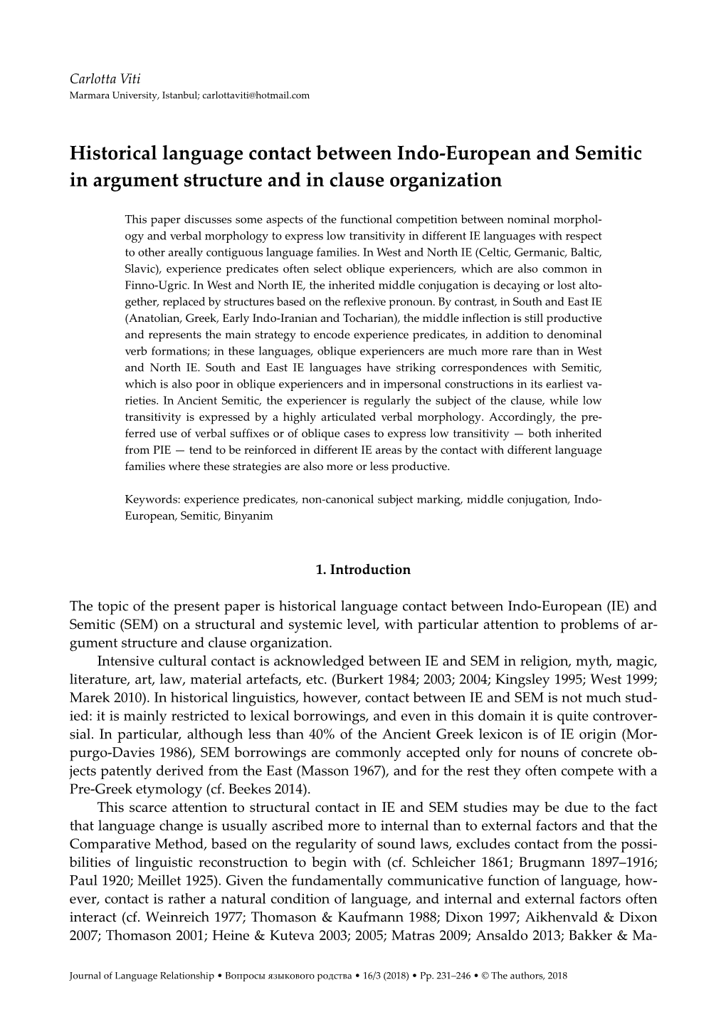 Historical Language Contact Between Indo-European and Semitic in Argument Structure and in Clause Organization