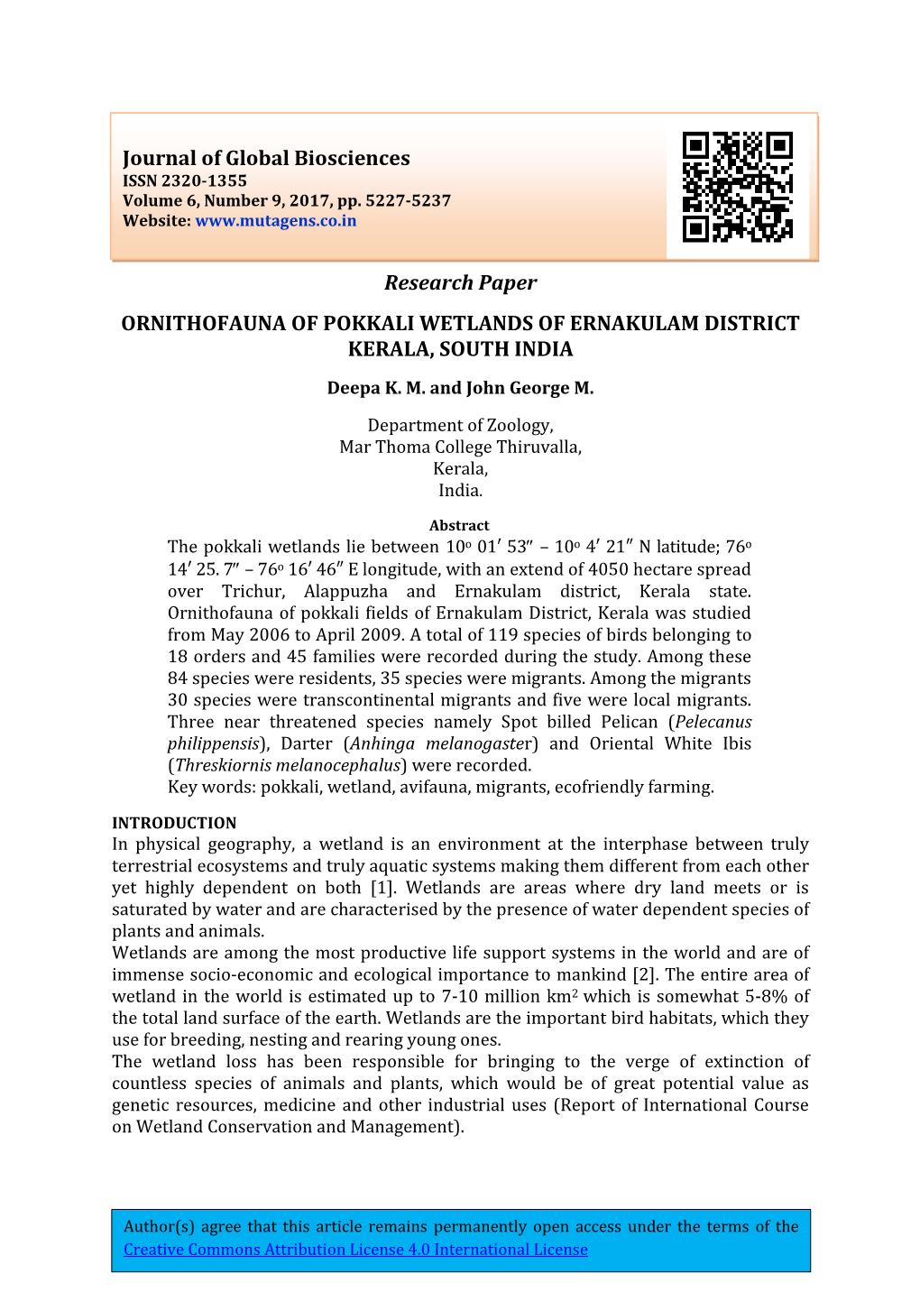 Research Paper ORNITHOFAUNA of POKKALI WETLANDS of ERNAKULAM DISTRICT KERALA, SOUTH INDIA