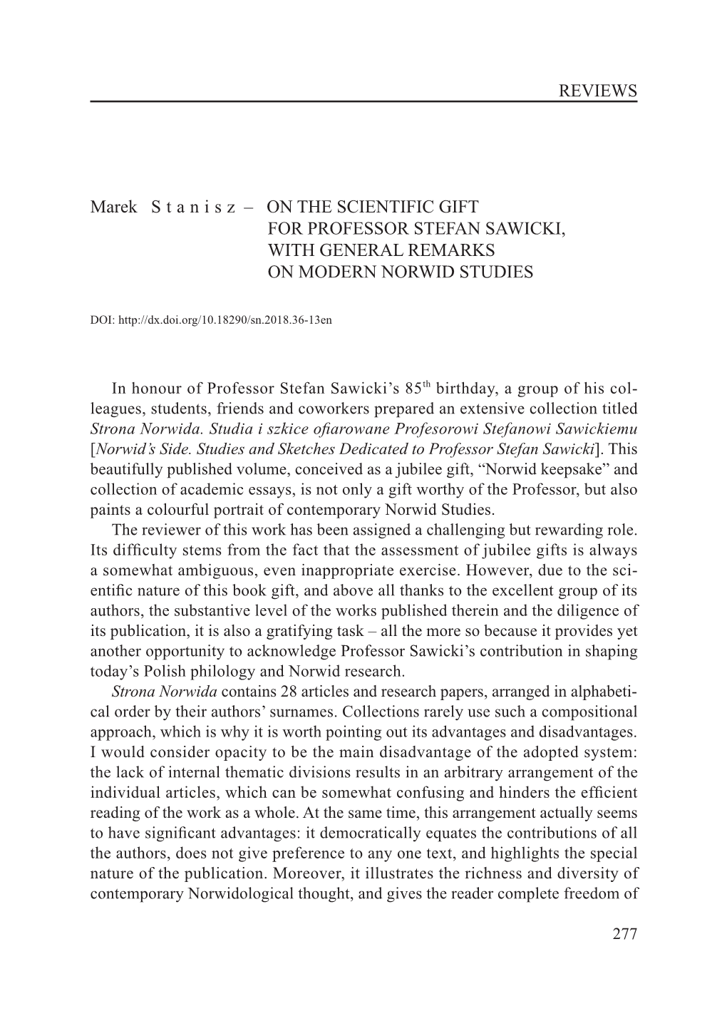 On the Scientific Gift for Professor Stefan Sawicki, with General Remarks on Modern Norwid Studies
