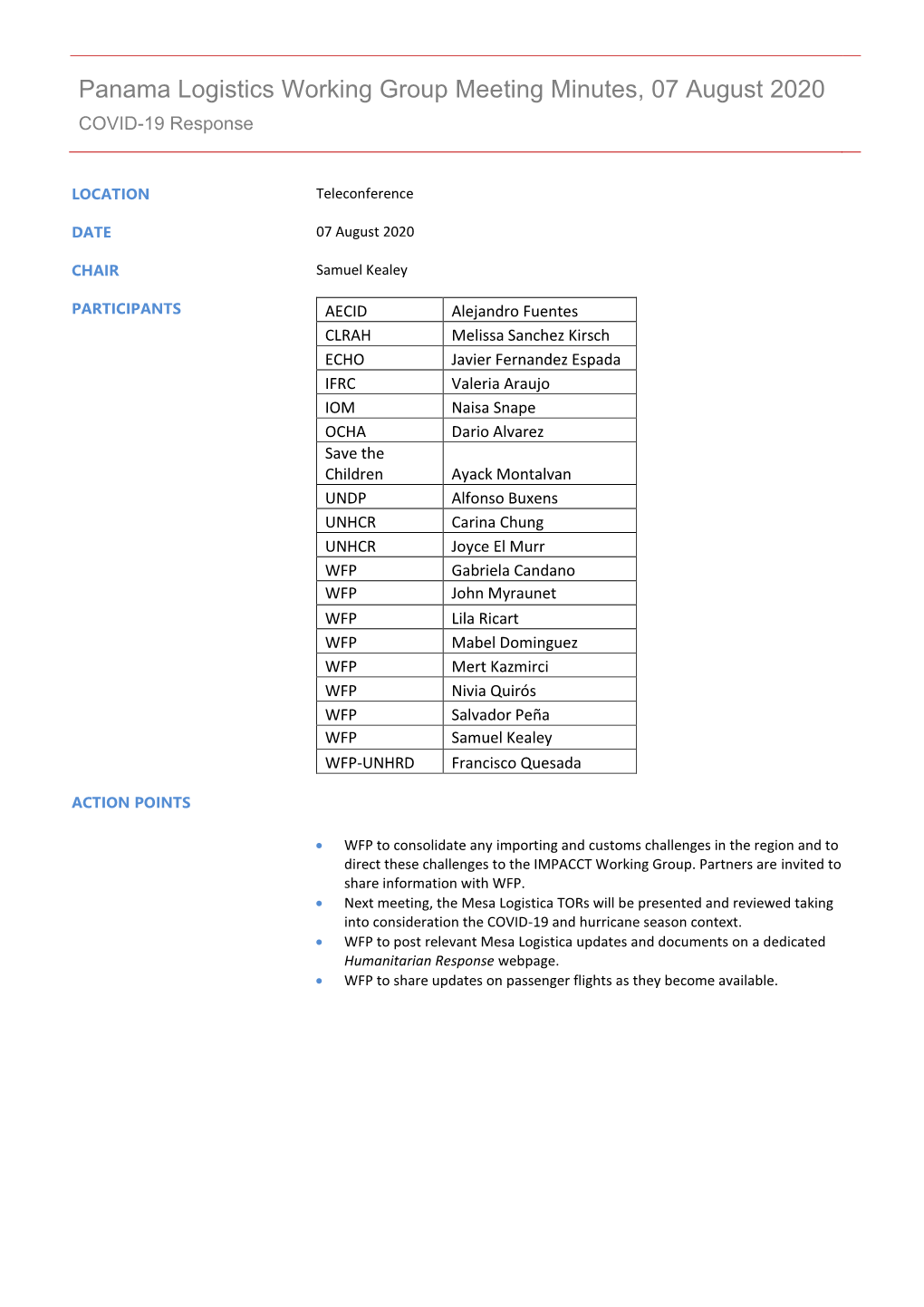 Panama Logistics Working Group Meeting Minutes, 07 August 2020 COVID-19 Response