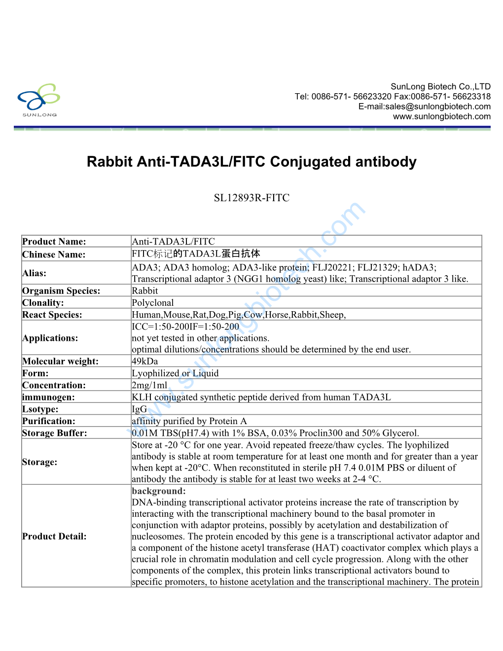 Rabbit Anti-TADA3L/FITC Conjugated Antibody-SL12893R-FITC