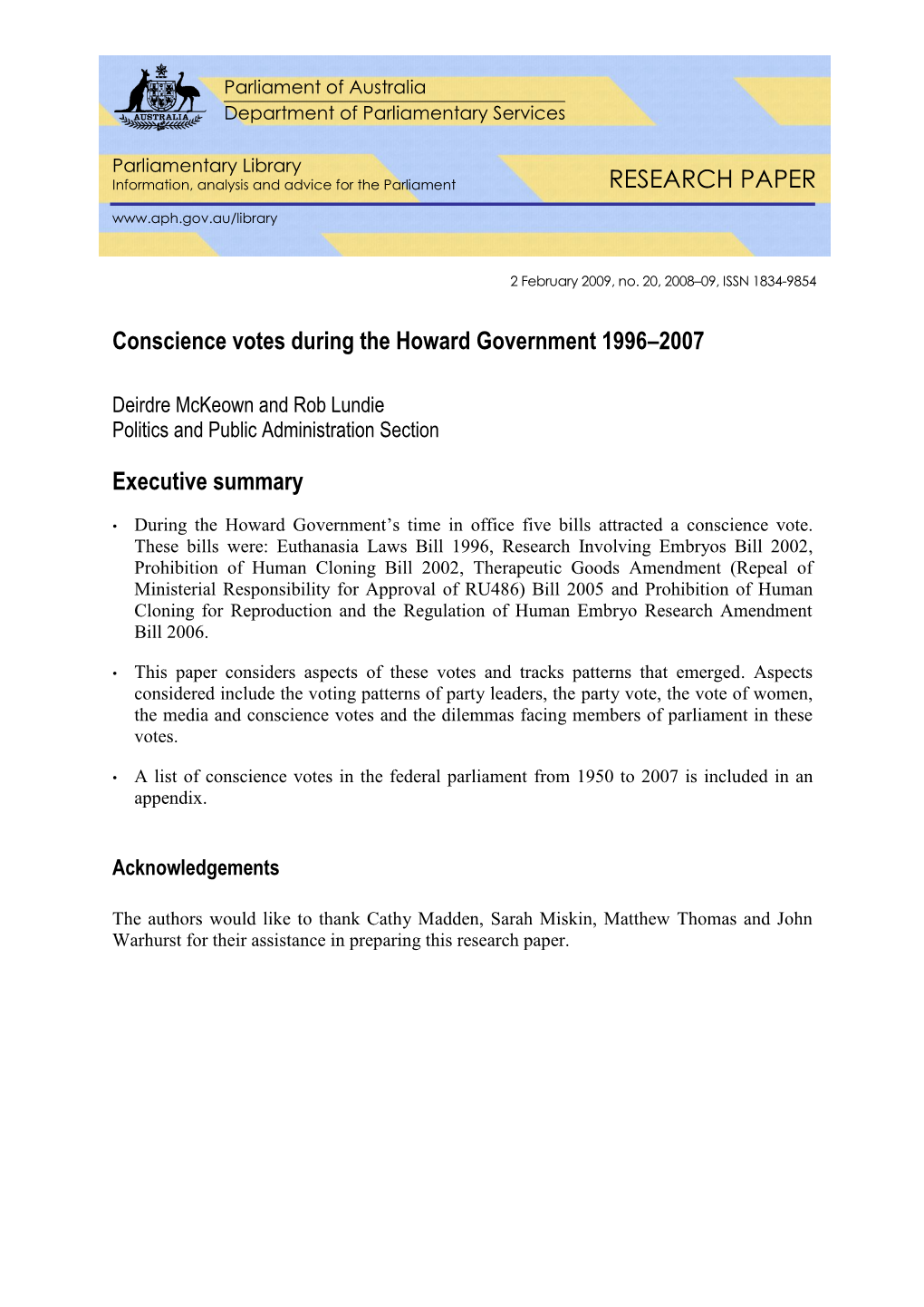 Conscience Votes During the Howard Government 1996–2007