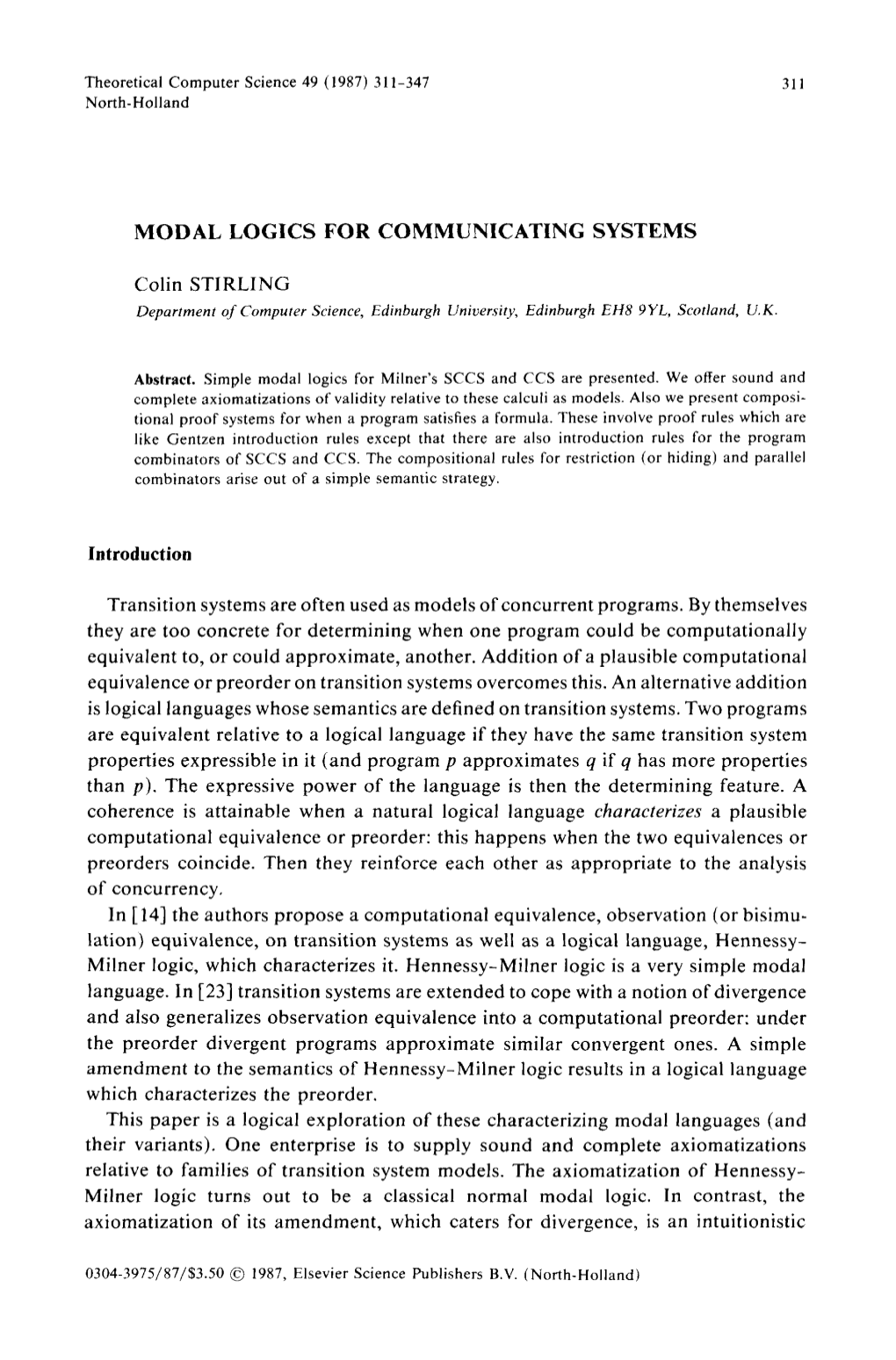 Modal Logics for Communicating Systems