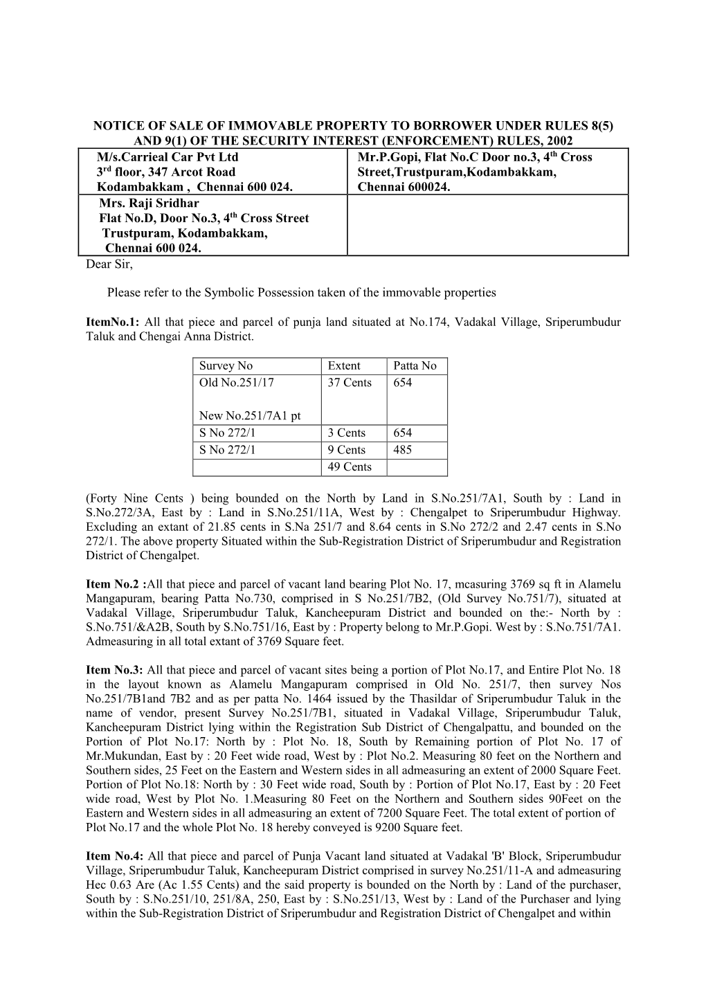 Notice of Sale of Immovable Property To