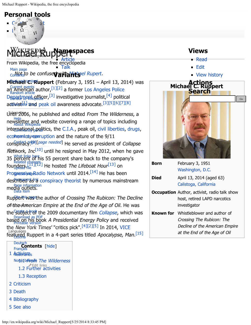 Michael Ruppert - Wikipedia, the Free Encyclopedia Personal Tools Create Account Log In