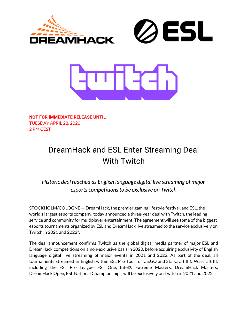 Dreamhack and ESL Enter Streaming Deal with Twitch