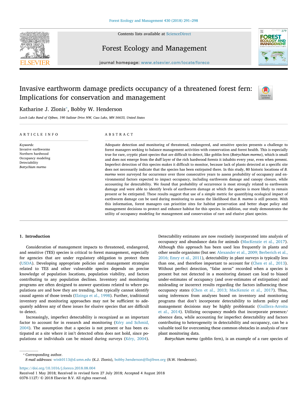 Invasive Earthworm Damage Predicts Occupancy of a Threatened Forest Fern: Implications for Conservation and Management T ⁎ Katharine J