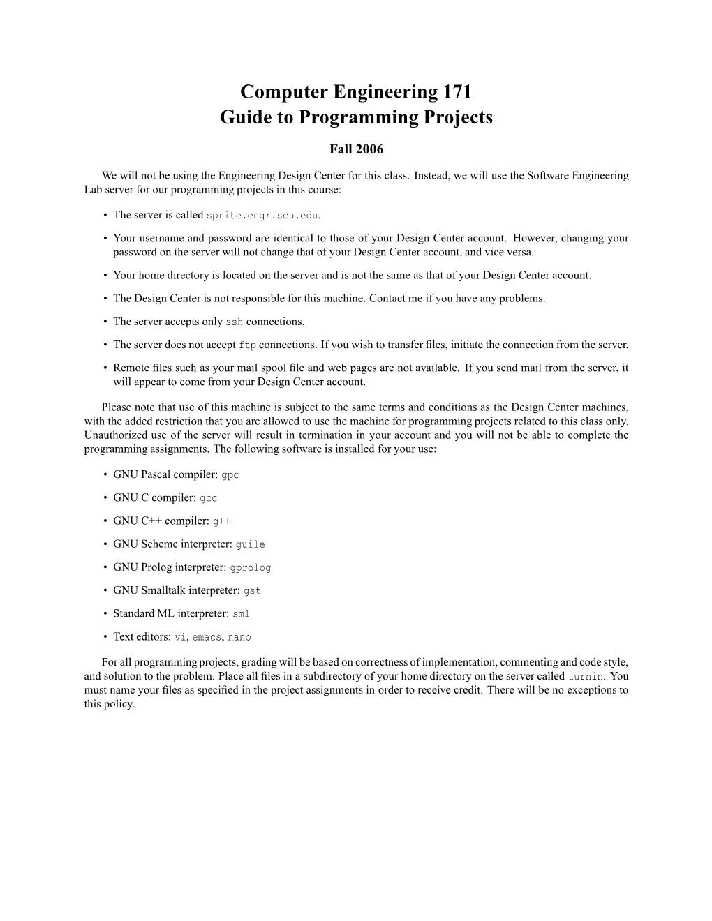 Computer Engineering 171 Guide to Programming Projects