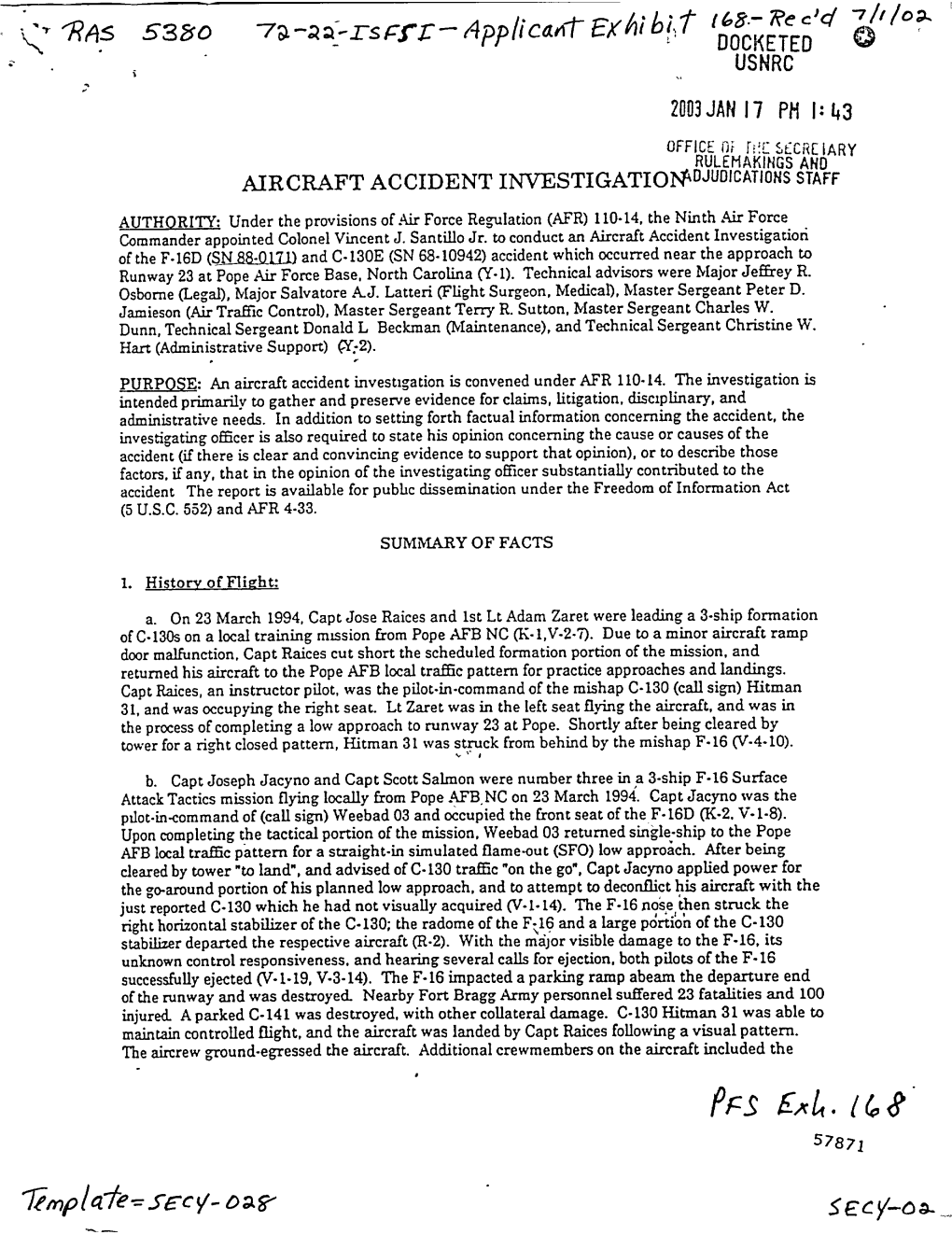 Report of F-16 Accident Which Occurred on 03/23/94