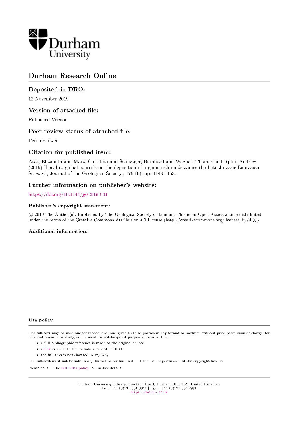 Local to Global Controls on the Deposition of Organic-Rich Muds Across the Late Jurassic Laurasian Seaway.', Journal of the Geological Society., 176 (6)