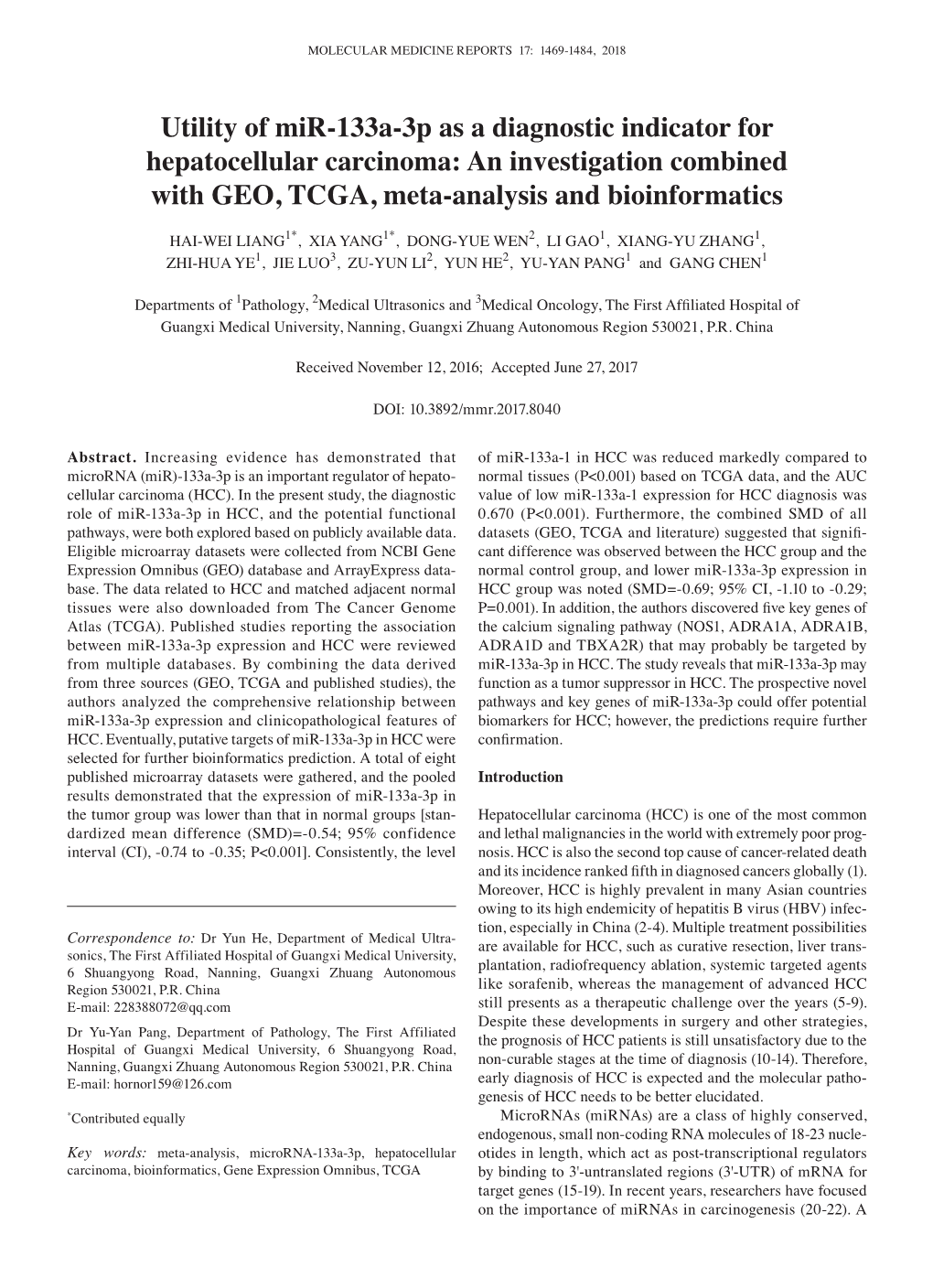 Utility of Mir‑133A‑3P As a Diagnostic Indicator for Hepatocellular Carcinoma: an Investigation Combined with GEO, TCGA, Meta‑Analysis and Bioinformatics