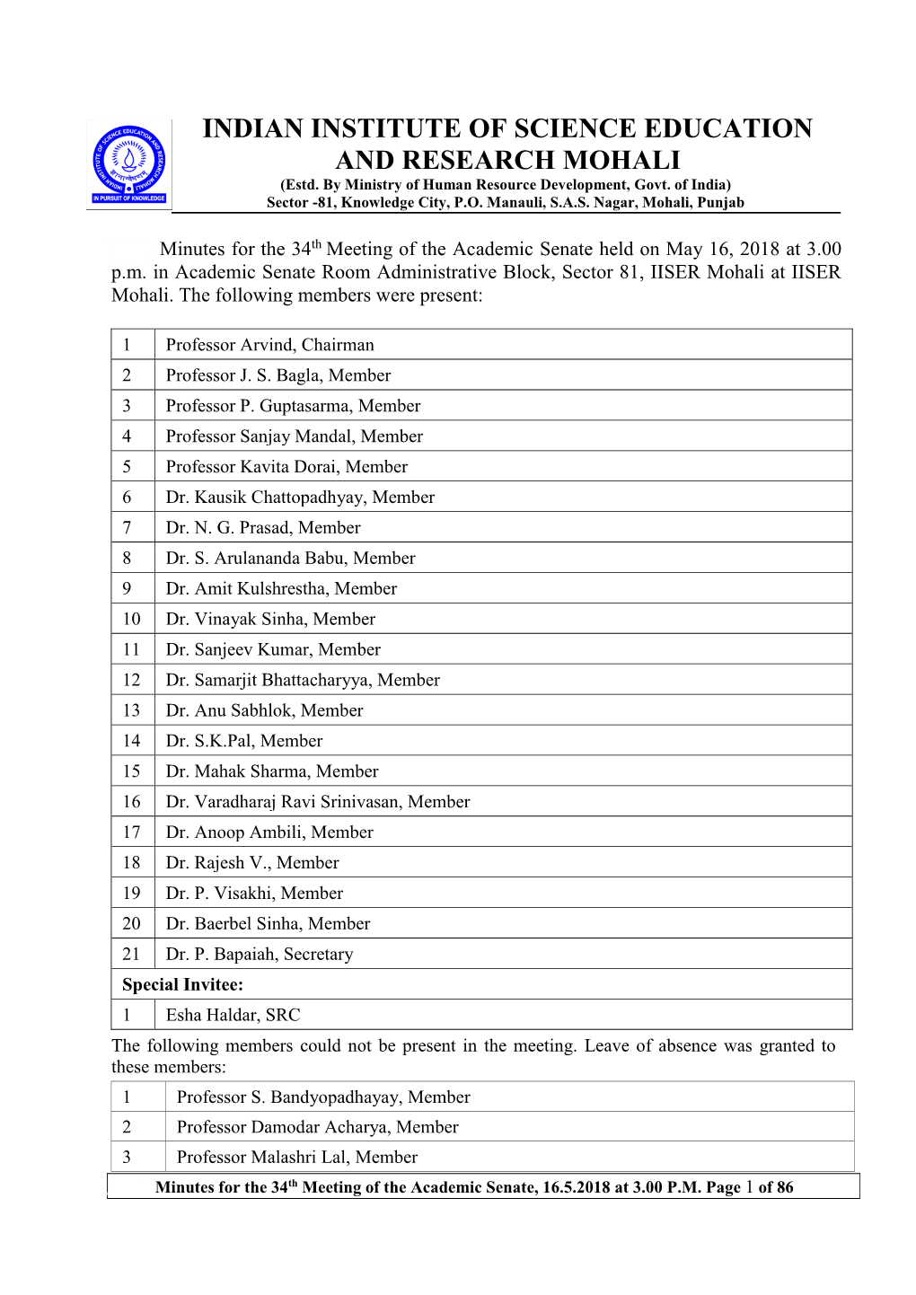 INDIAN INSTITUTE of SCIENCE EDUCATION and RESEARCH MOHALI (Estd