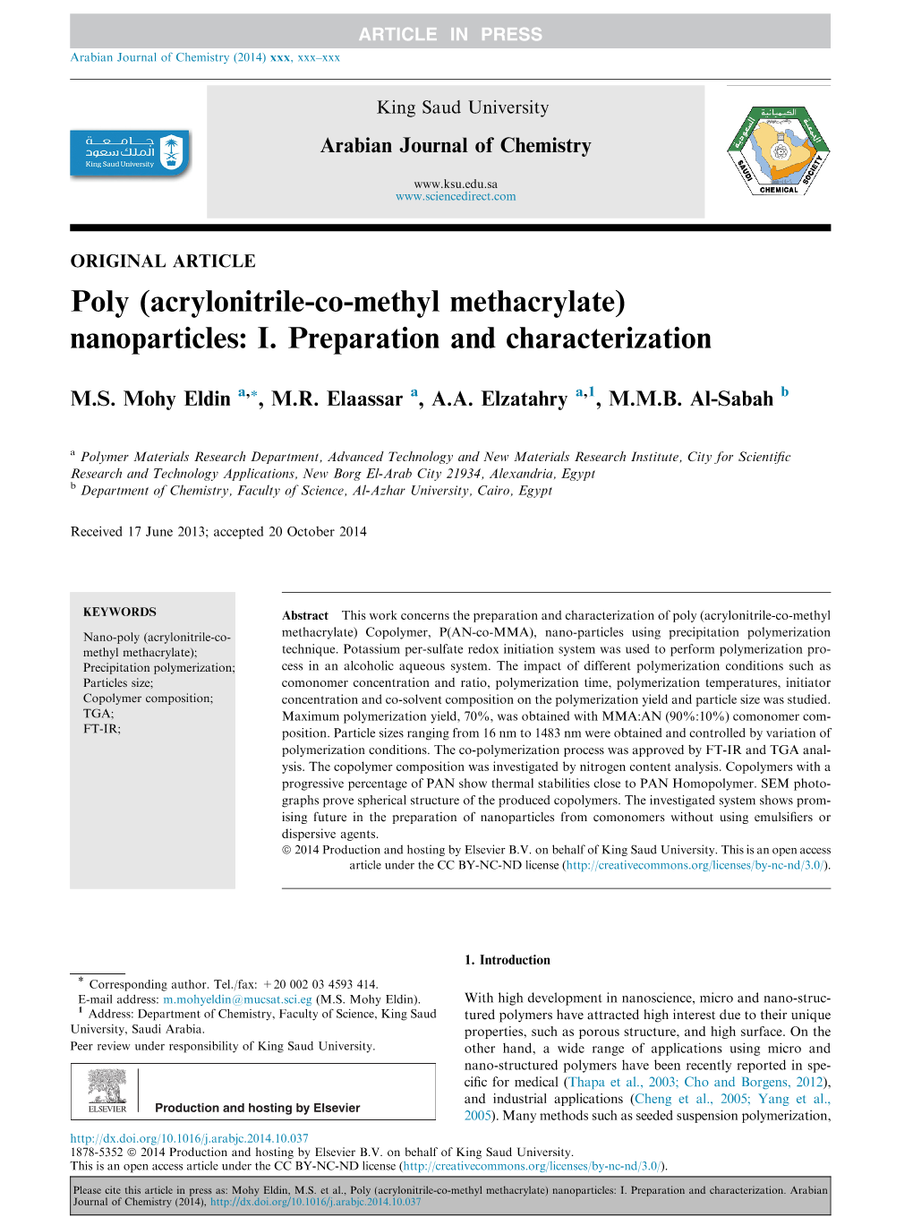 Poly (Acrylonitrile-Co-Methyl Methacrylate) Nanoparticles: I