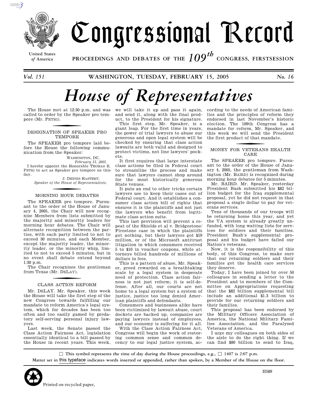 Congressional Record United States Th of America PROCEEDINGS and DEBATES of the 109 CONGRESS, FIRSTSESSION