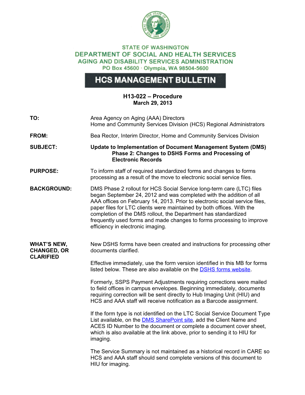 Update to Implementation of Document Management System (DMS) Phase 2: Changes to DSHS Forms