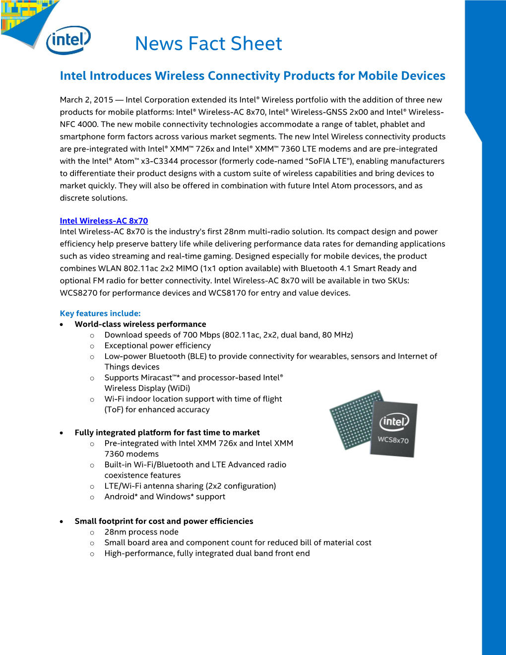Fact Sheet: Intel Introduces Wireless Connectivity Products for Mobile
