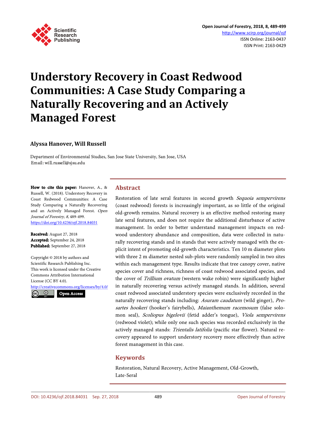 Understory Recovery in Coast Redwood Communities: a Case Study Comparing a Naturally Recovering and an Actively Managed Forest