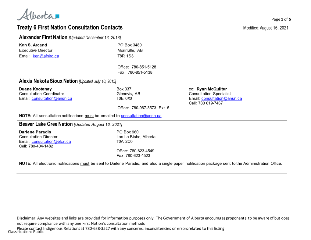 Treaty 6 Consultation Contacts