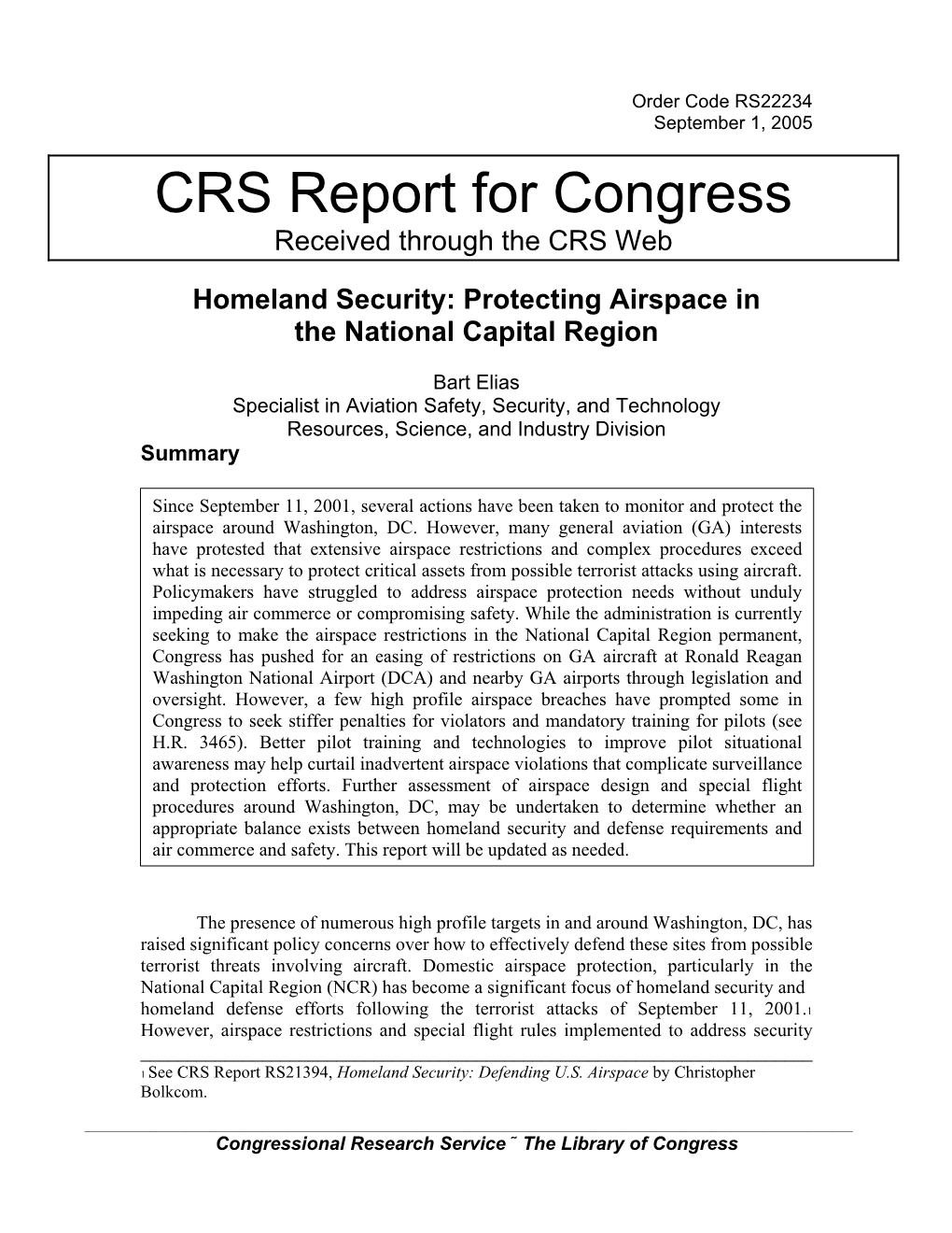 Homeland Security: Protecting Airspace in the National Capital Region