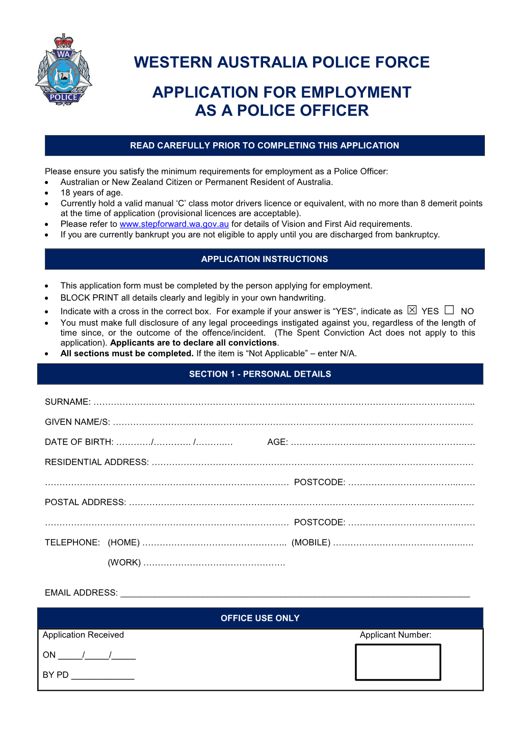 Western Australia Police Force Application For