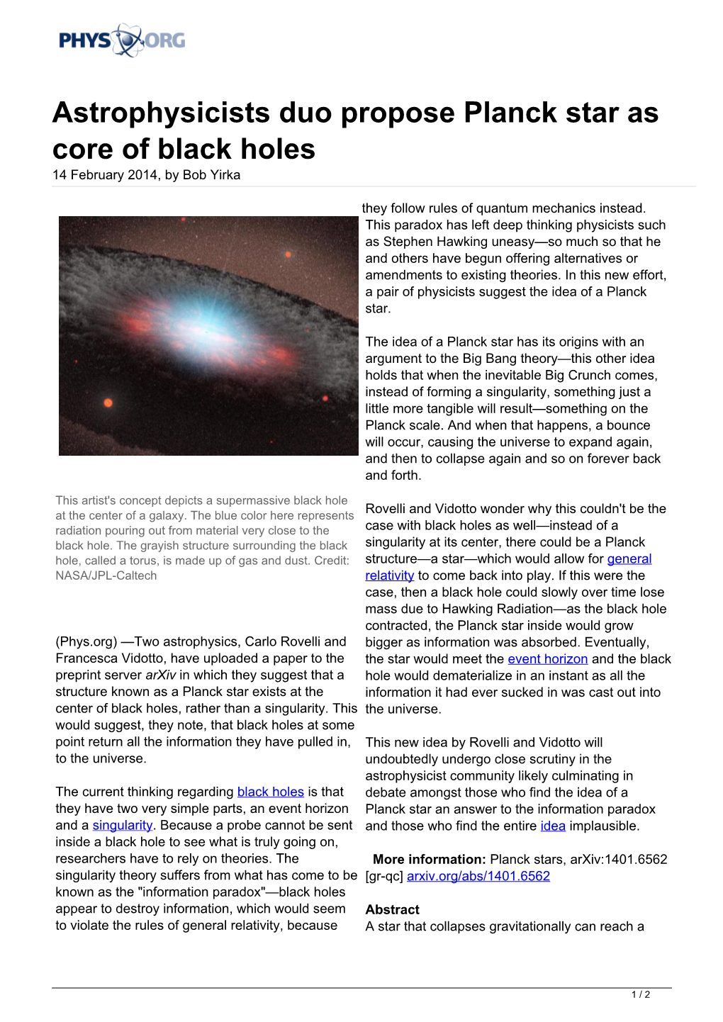 Astrophysicists Duo Propose Planck Star As Core of Black Holes 14 February 2014, by Bob Yirka