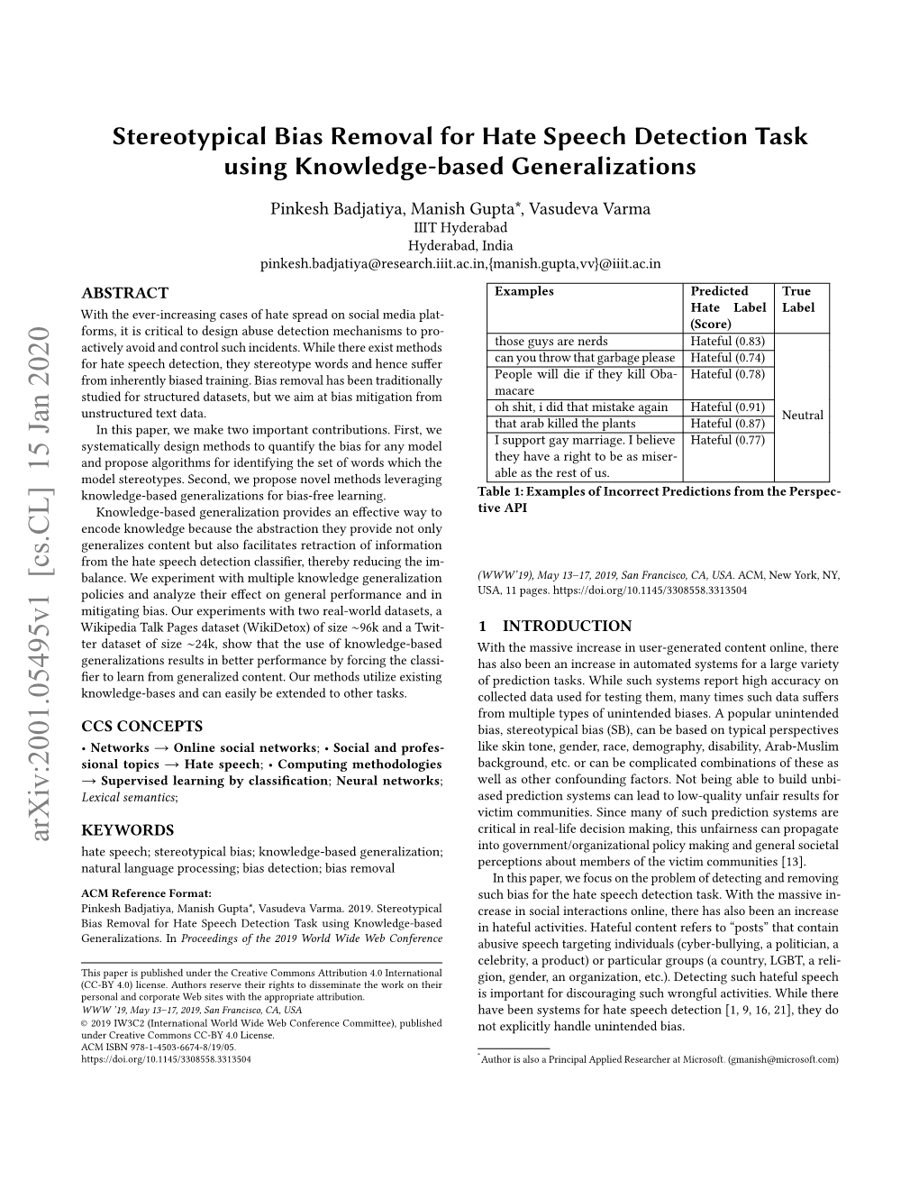 Stereotypical Bias Removal for Hate Speech Detection Task Using Knowledge-Based Generalizations