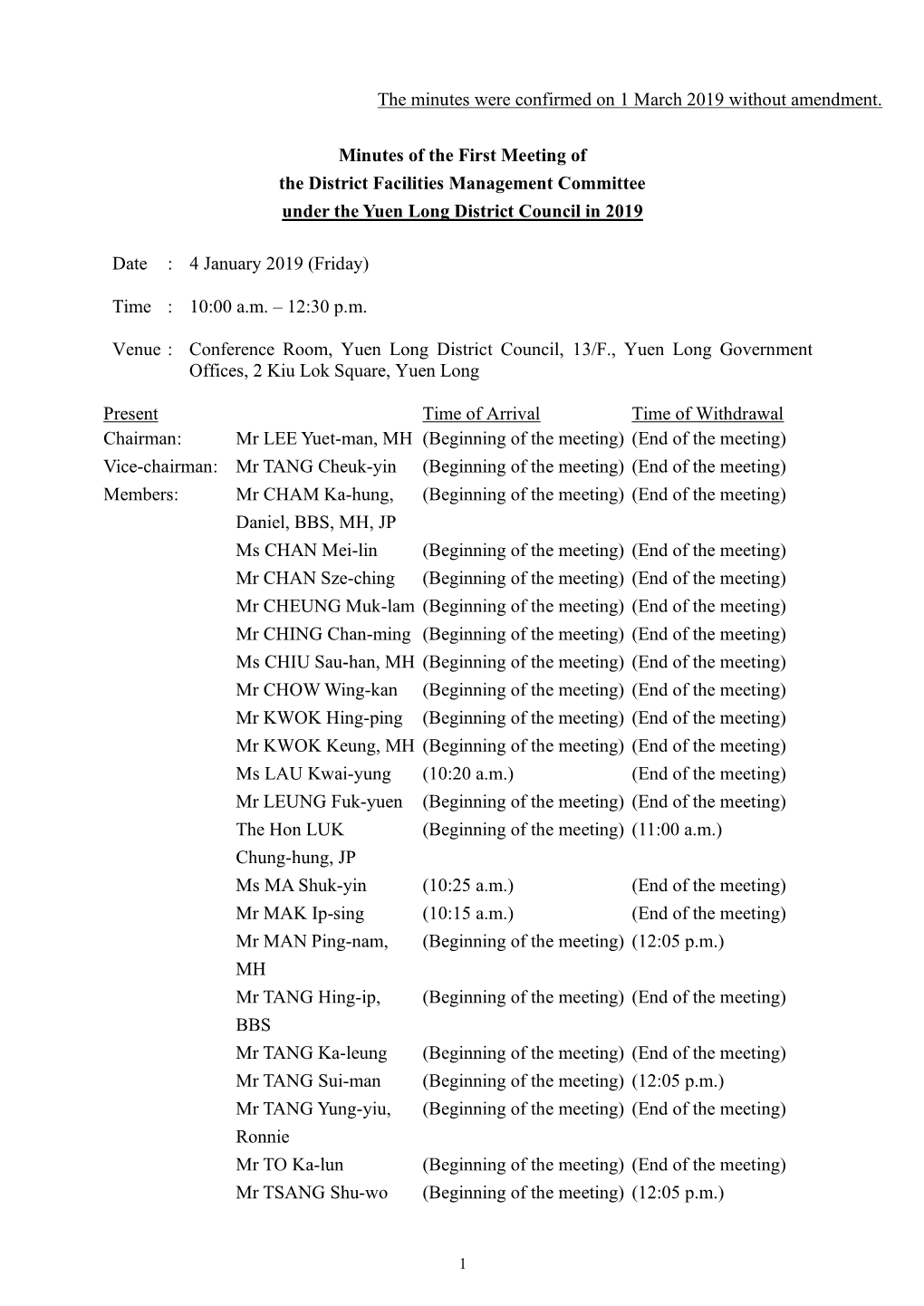 The Minutes Were Confirmed on 1 March 2019 Without Amendment