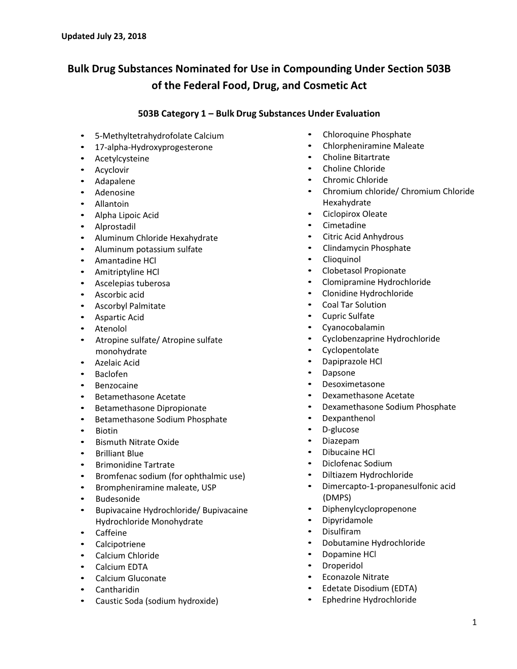 Bulk Drug Substances Nominated for Use in Compounding Under Section 503B of the Federal Food, Drug, and Cosmetic Act