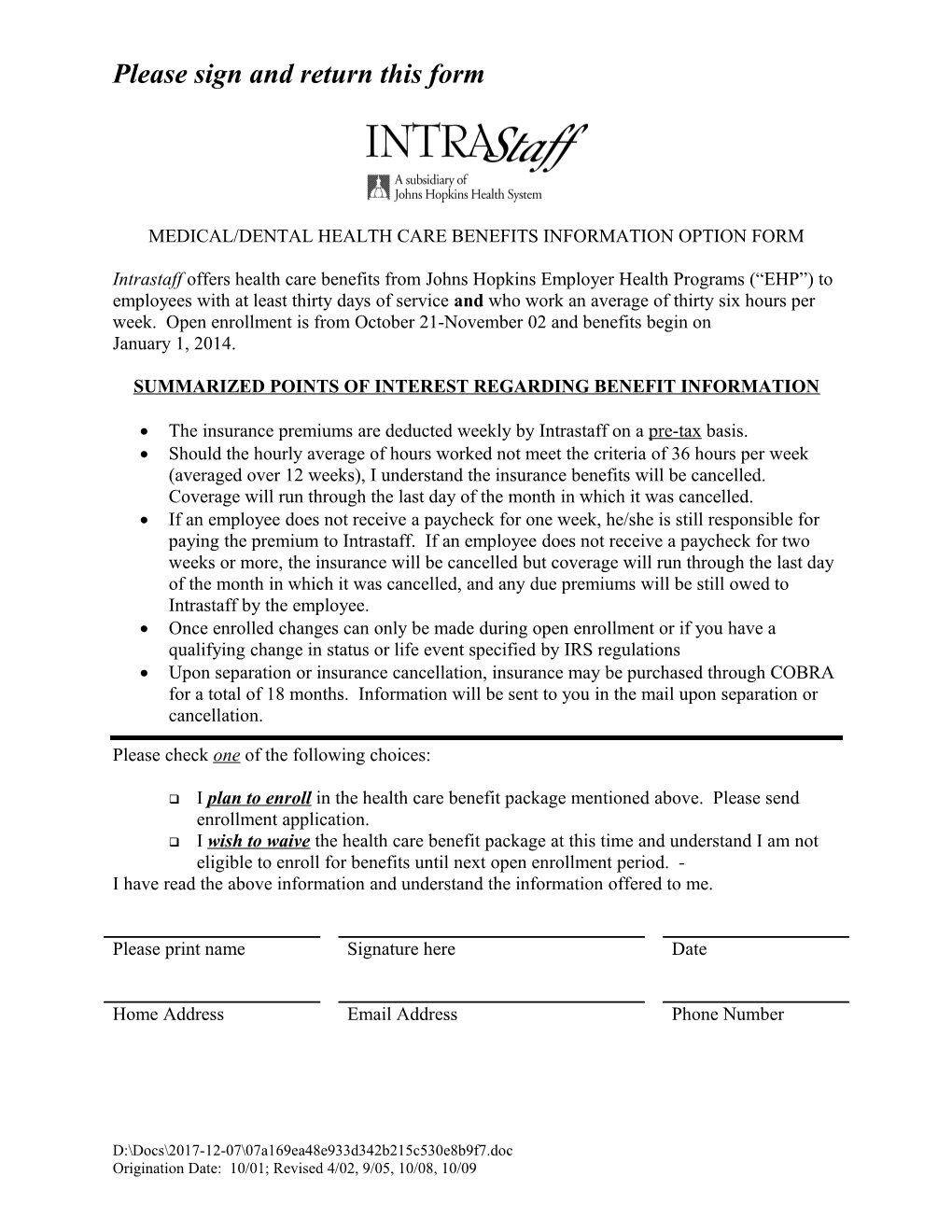 Please Sign and Return This Form