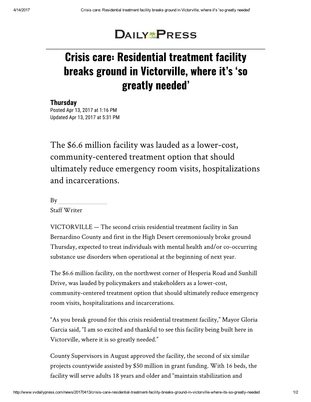 Crisis Care: Residential Treatment Facility Breaks Ground in Victorville, Where It's 'So Greatly Needed'