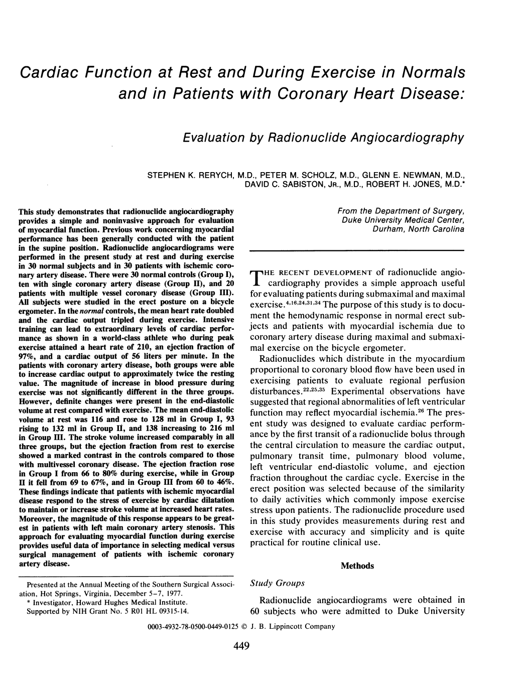 Cardiac Function at Rest and During Exercisein Normals and in Patients