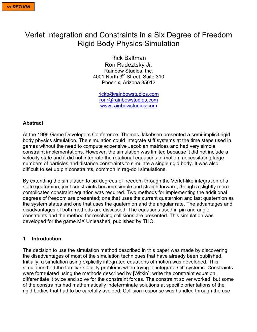 Using Verlet Integration and Constraints in a Six Degree of Freedom Rigid Body Physics Simulation