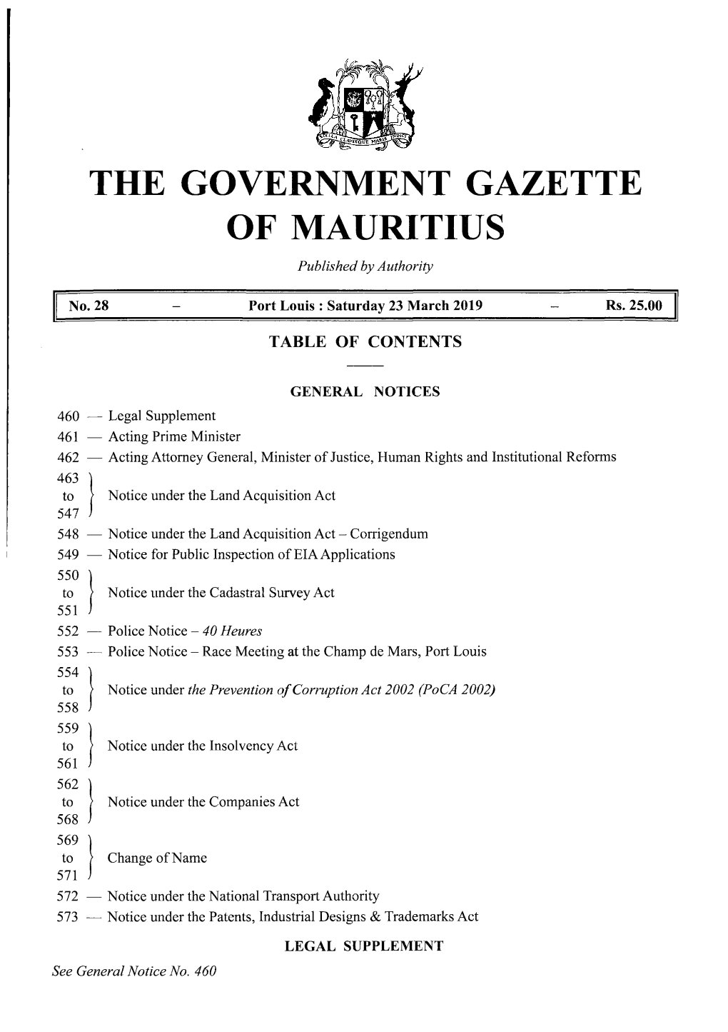 THE GOVERNMENT GAZETTE of MAURITIUS Published by Authority