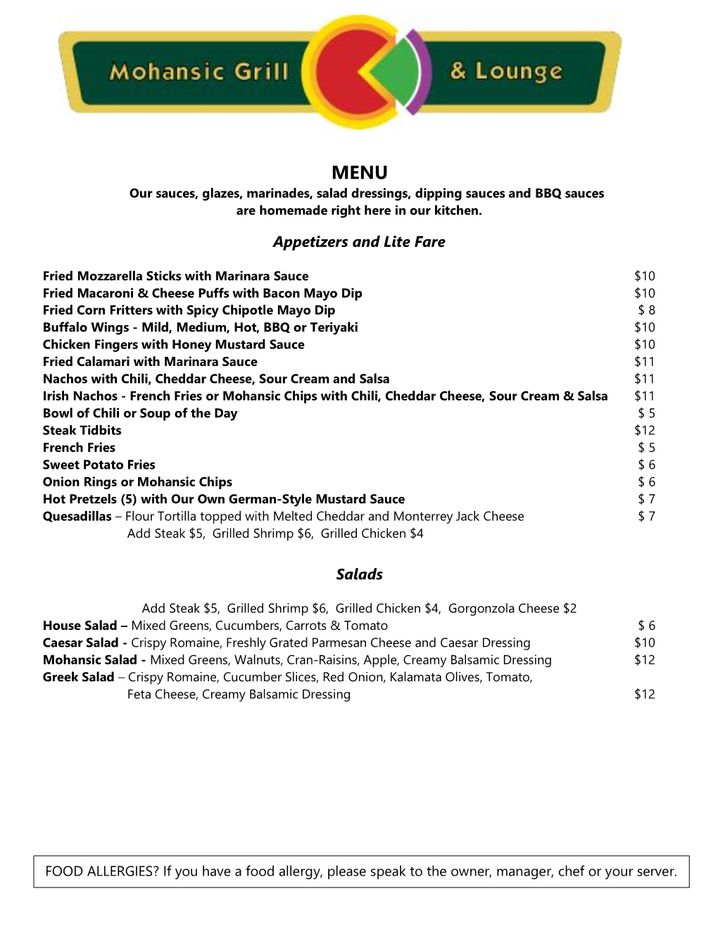 Our Re-Opening Menu