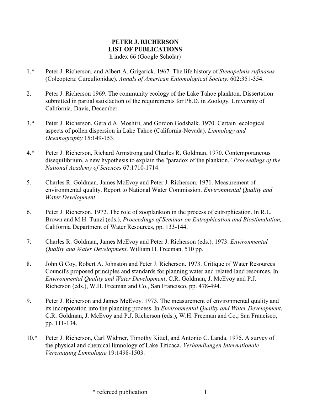 PETER J. RICHERSON LIST of PUBLICATIONS H Index 66 (Google Scholar)