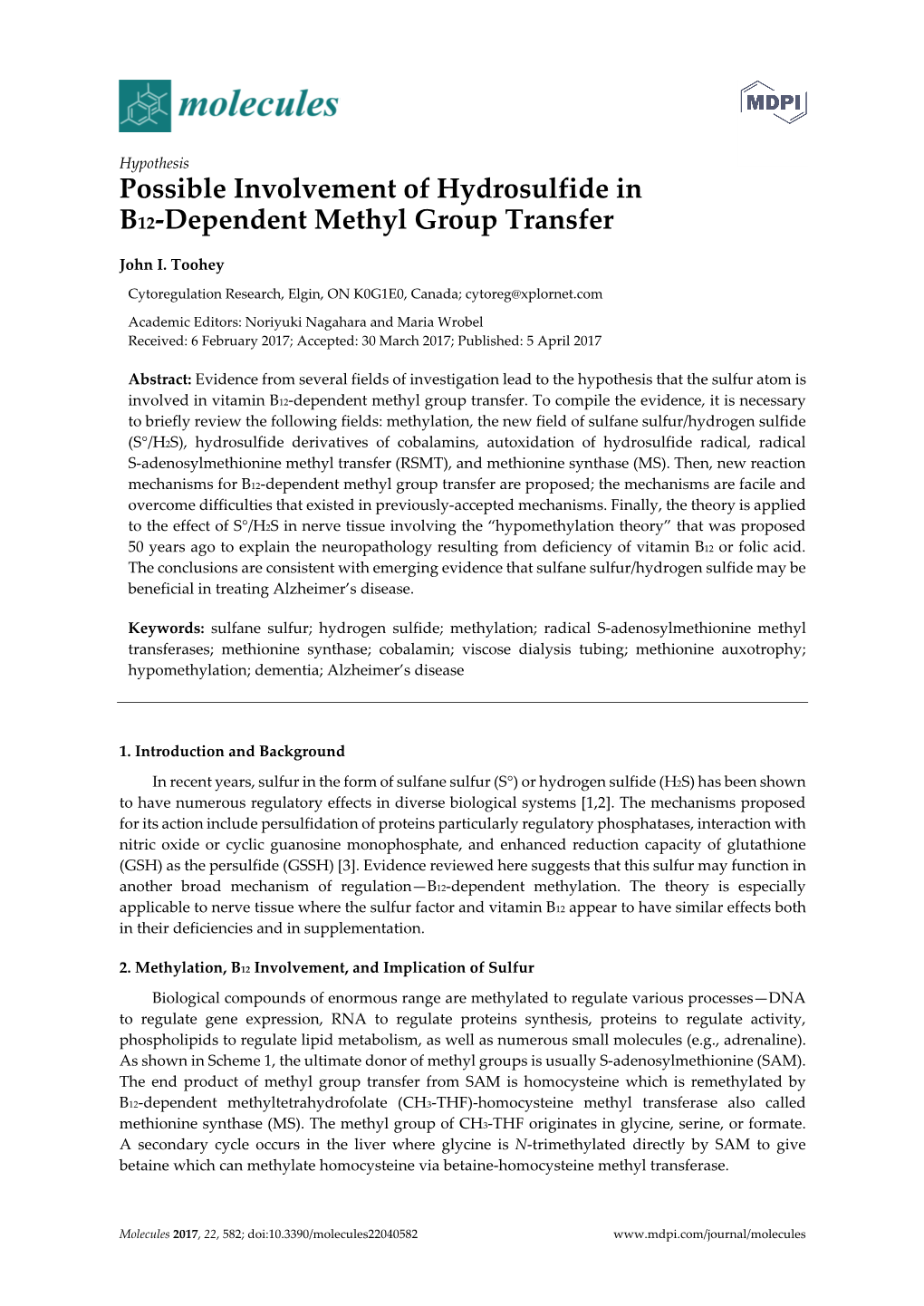 Possible Involvement of Hydrosulfide in B12-Dependent Methyl Group Transfer