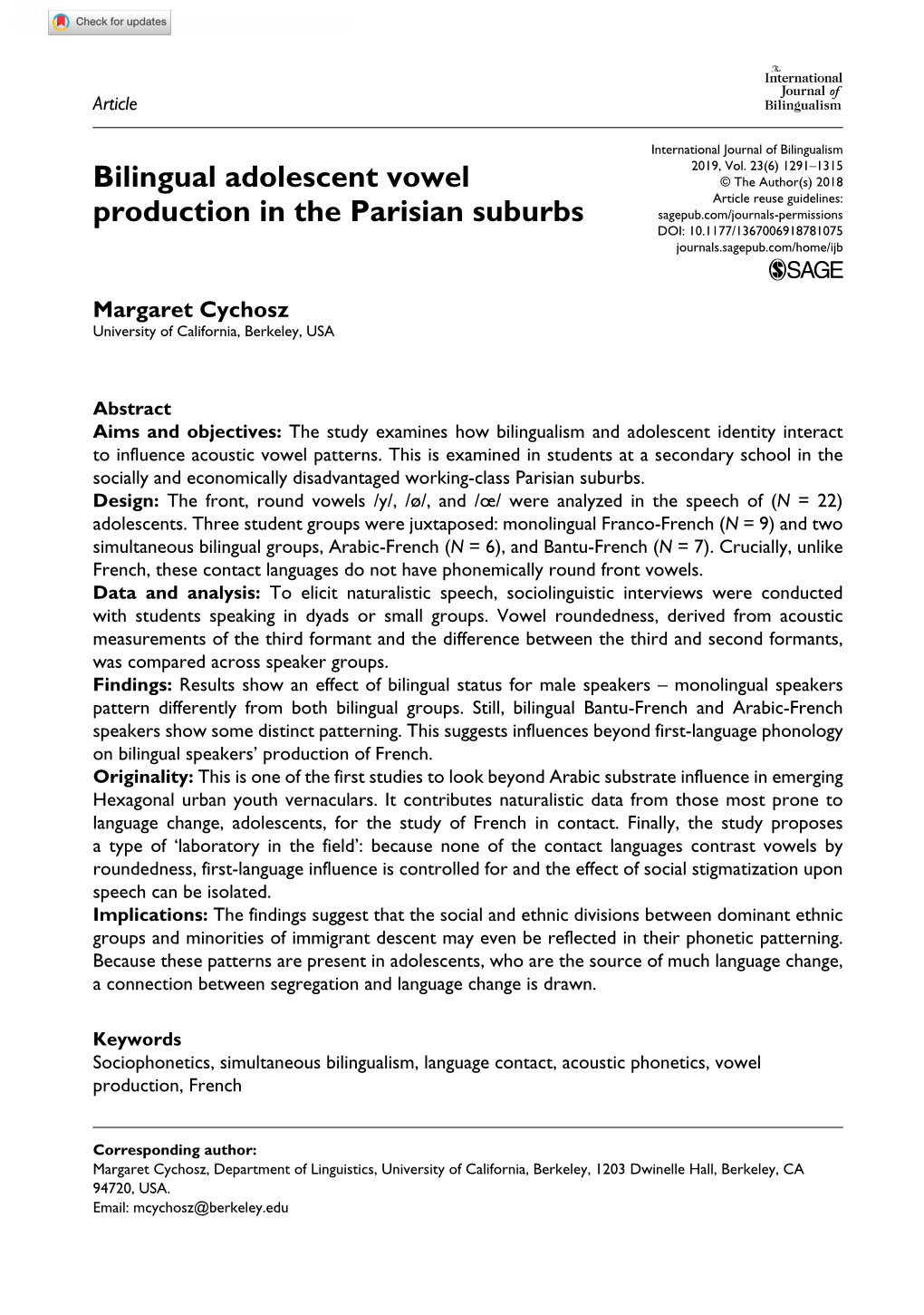 Bilingual Adolescent Vowel Production in the Parisian Suburbs