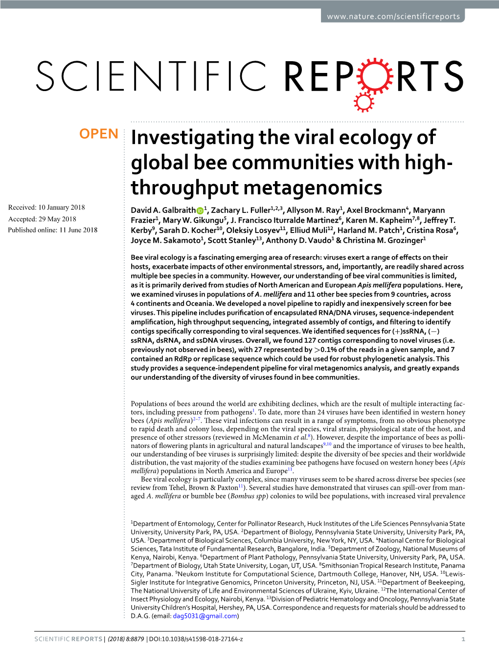 Investigating the Viral Ecology of Global Bee Communities with High- Throughput Metagenomics Received: 10 January 2018 David A