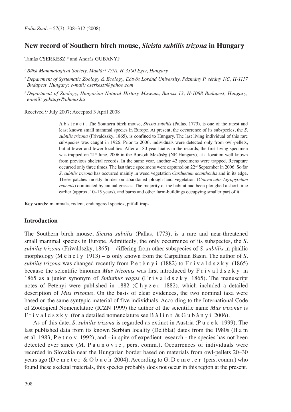 New Record of Southern Birch Mouse, Sicista Subtilis Trizona in Hungary