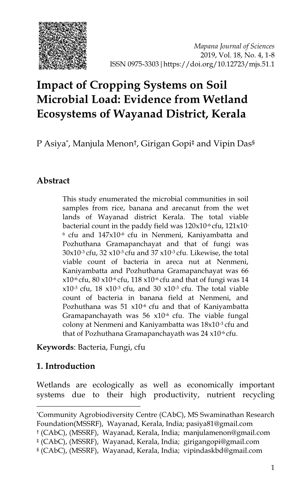 Impact of Cropping Systems on Soil Microbial Load: Evidence from Wetland Ecosystems of Wayanad District, Kerala