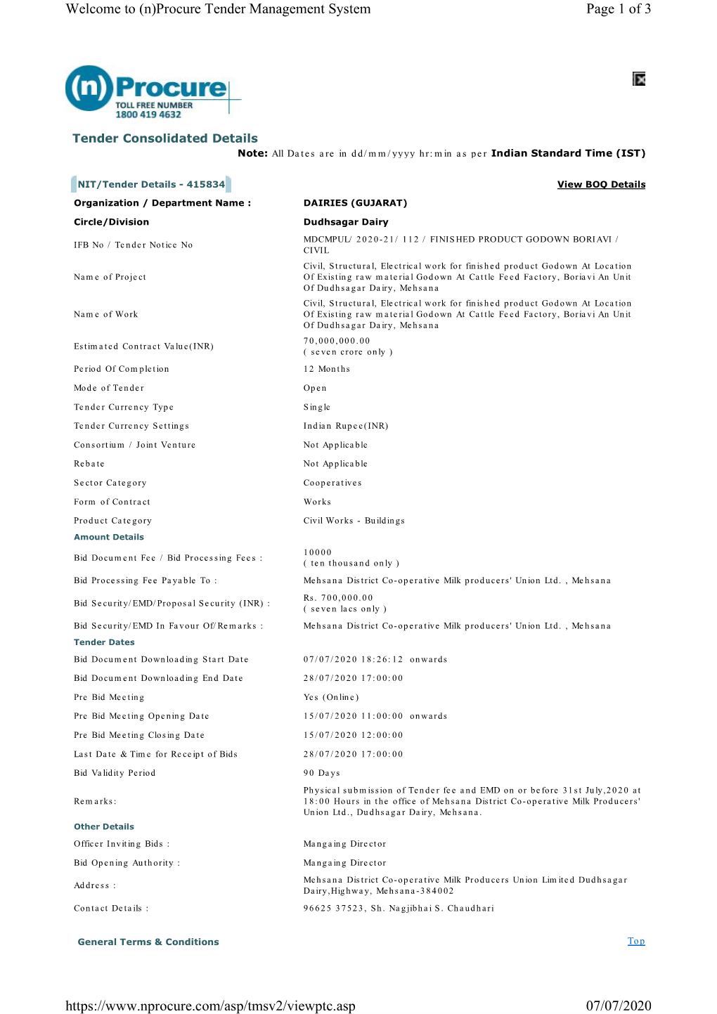 Page 1 of 3 Welcome to (N)Procure Tender Management System 07/07