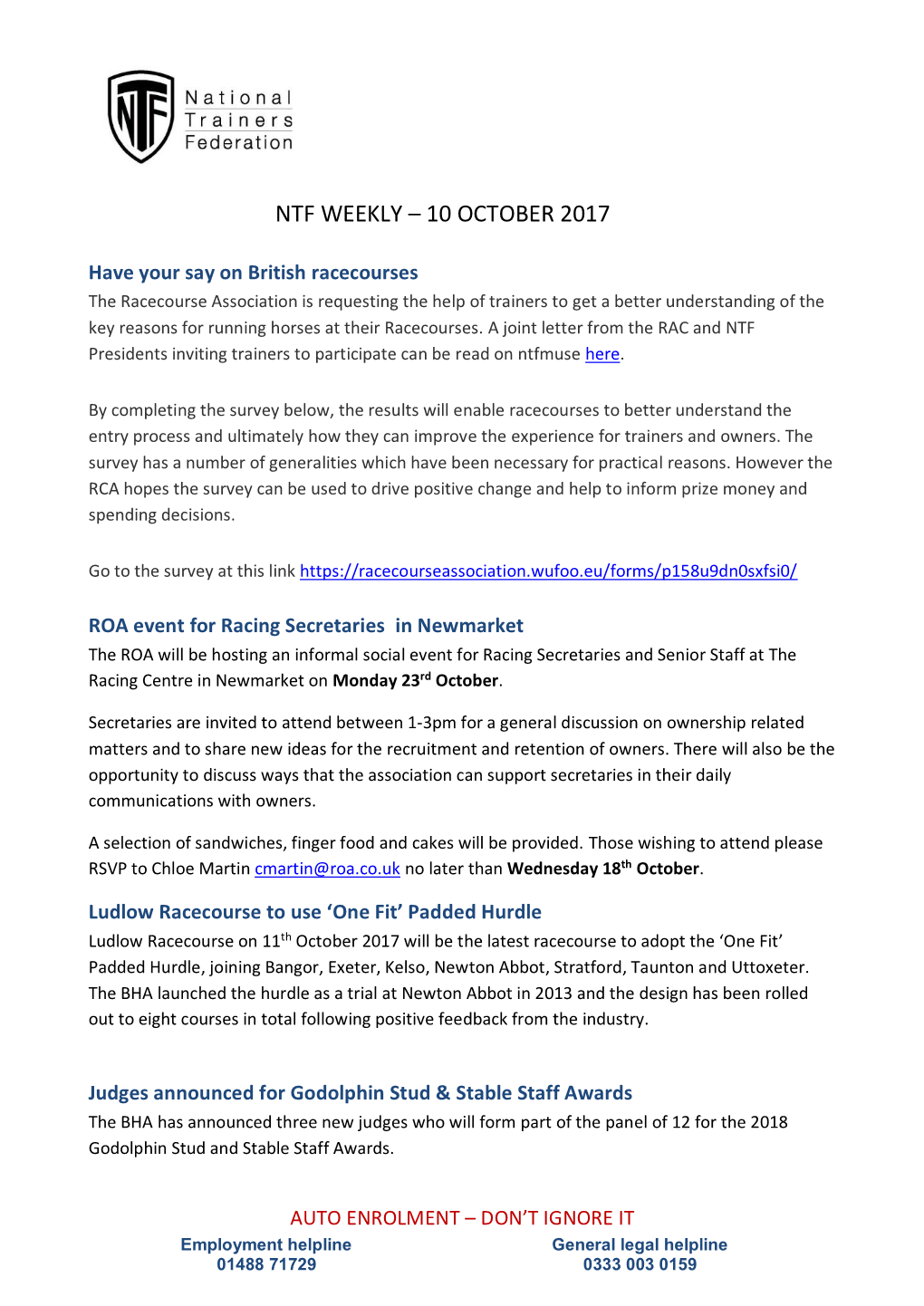 Ntf Weekly – 10 October 2017