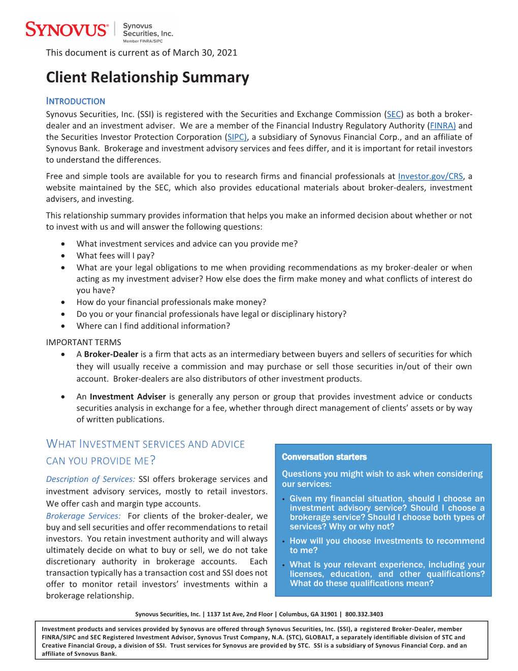 Synovus Securities, Inc. ADV Part 2