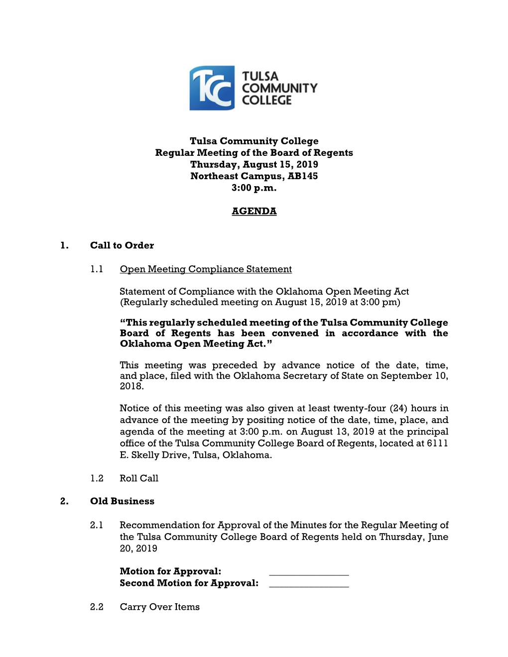 Regular Meeting of the Board of Regents Agenda, Aug. 15, 2019