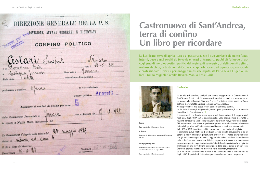 Castronuovo Di Sant'andrea, Terra Di Confino Un Libro Per Ricordare