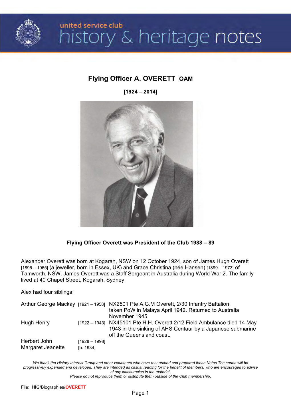 Flying Officer A. OVERETT OAM