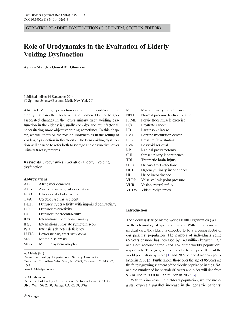 Role of Urodynamics in the Evaluation of Elderly Voiding Dysfunction