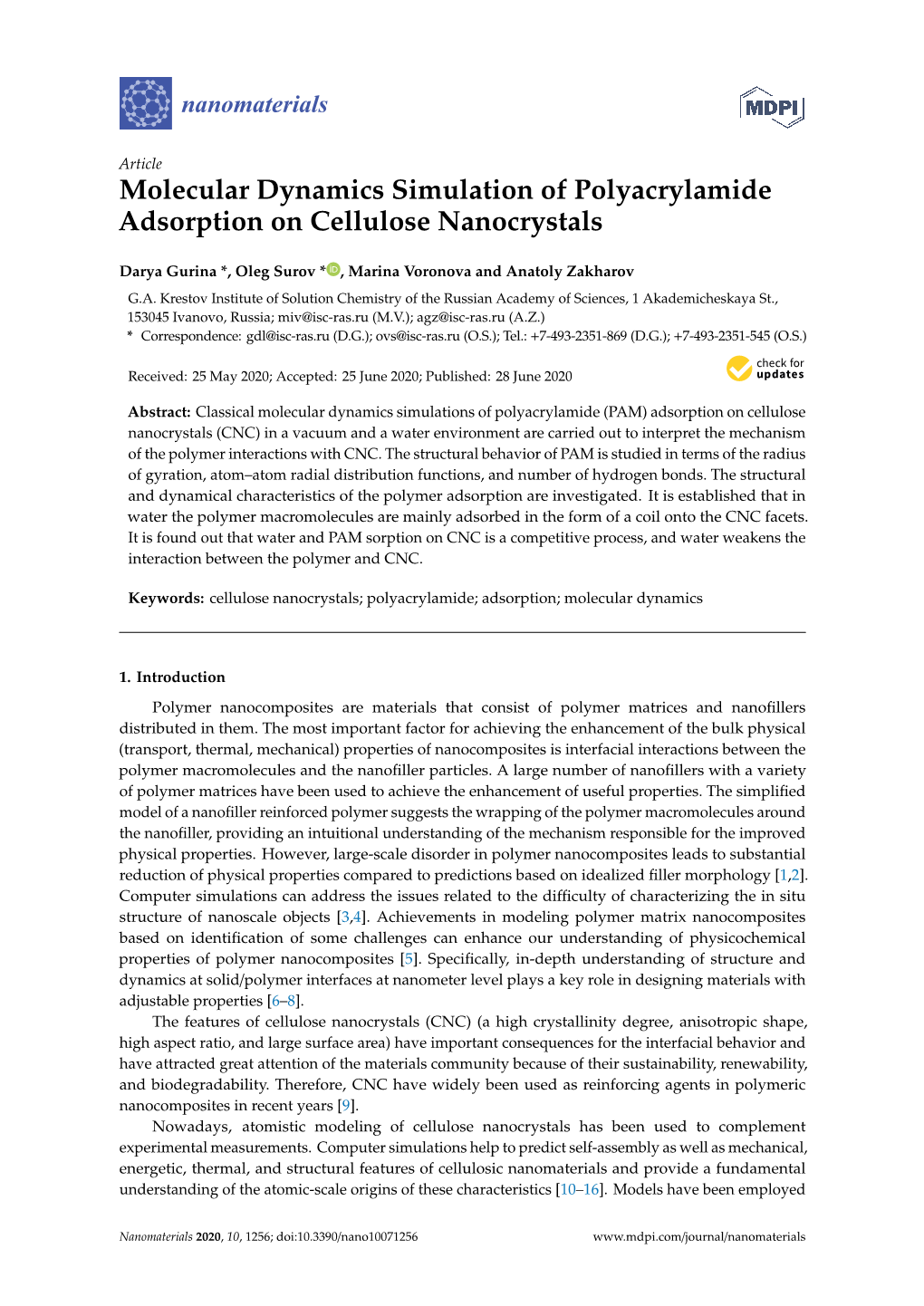 Molecular Dynamics Simulation of Polyacrylamide Adsorption on Cellulose Nanocrystals